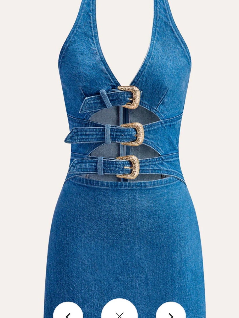 Commense Blue Denim Halter Dress with Gold Hardware